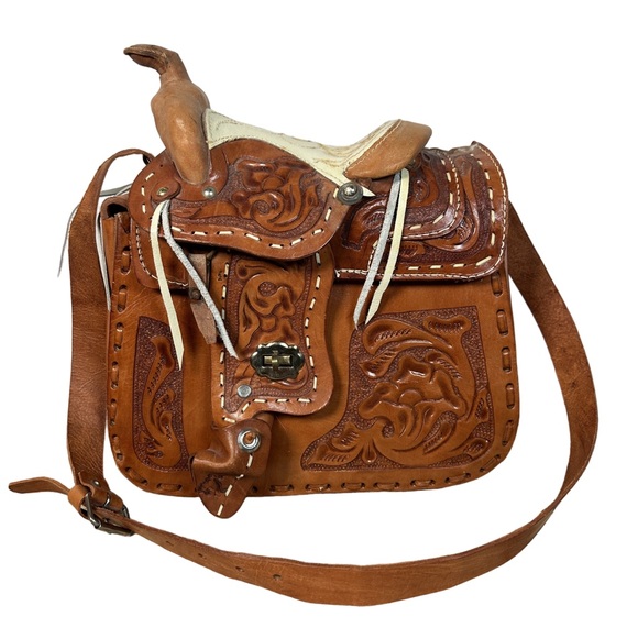 Vintage Handcrafted Brown Leather Saddle Bag western purse tooled leather - Picture 1 of 15